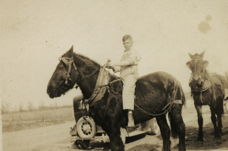 Bill as a boy on the back of one of the many draft horses the family always had